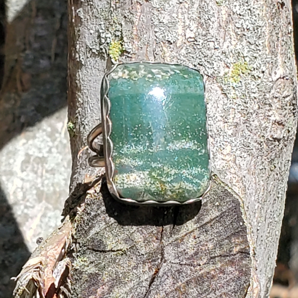 Navajo Sterling Signed Tp Large 1" Tree Agate Rin… - image 3